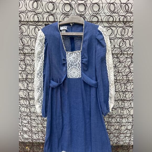 Vintage 70s Blue Crepe Lace Boho Cottagecore Prairie Maxi Dress PBJ by Jerrel 5 - Picture 2 of 6